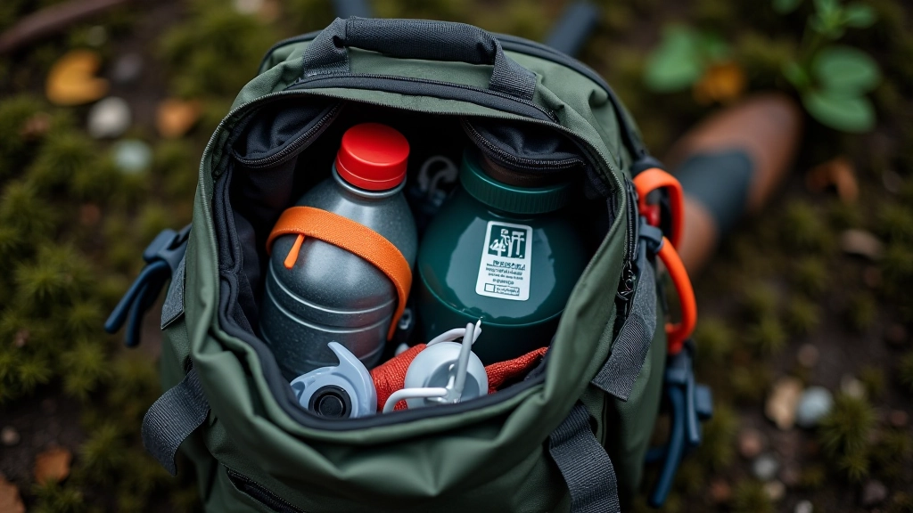 Close-up of properly packed backpack with water bottle, first aid kit, and waterproof gear organized for swamp exploration