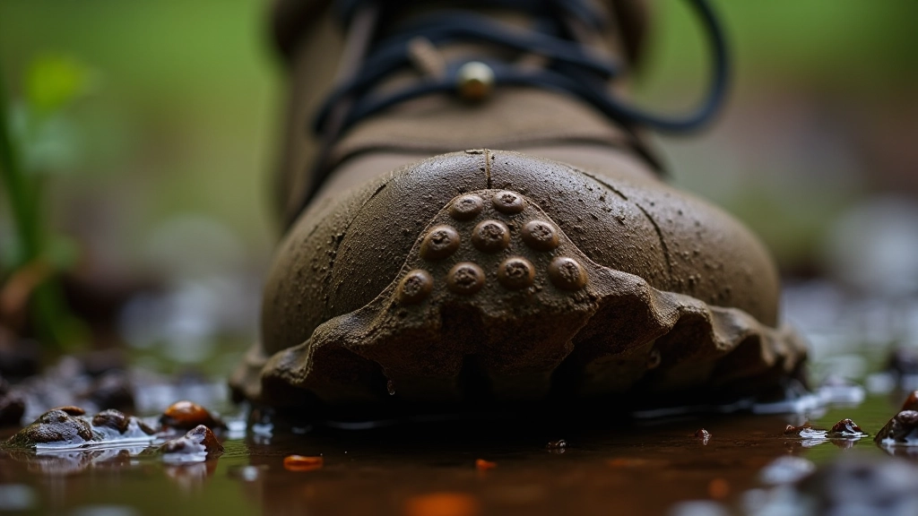 Close-up detail of bog shoe sole showing grip pattern with mud and water droplets