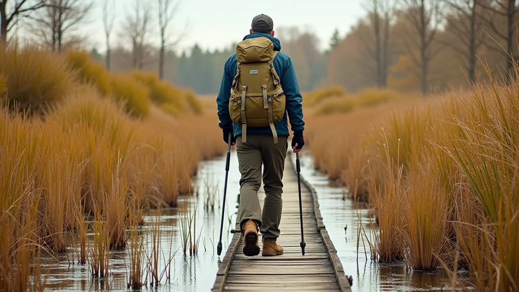 Hiker in outdoor gear walking on narrow wetland trail with water and vegetation surrounding path
