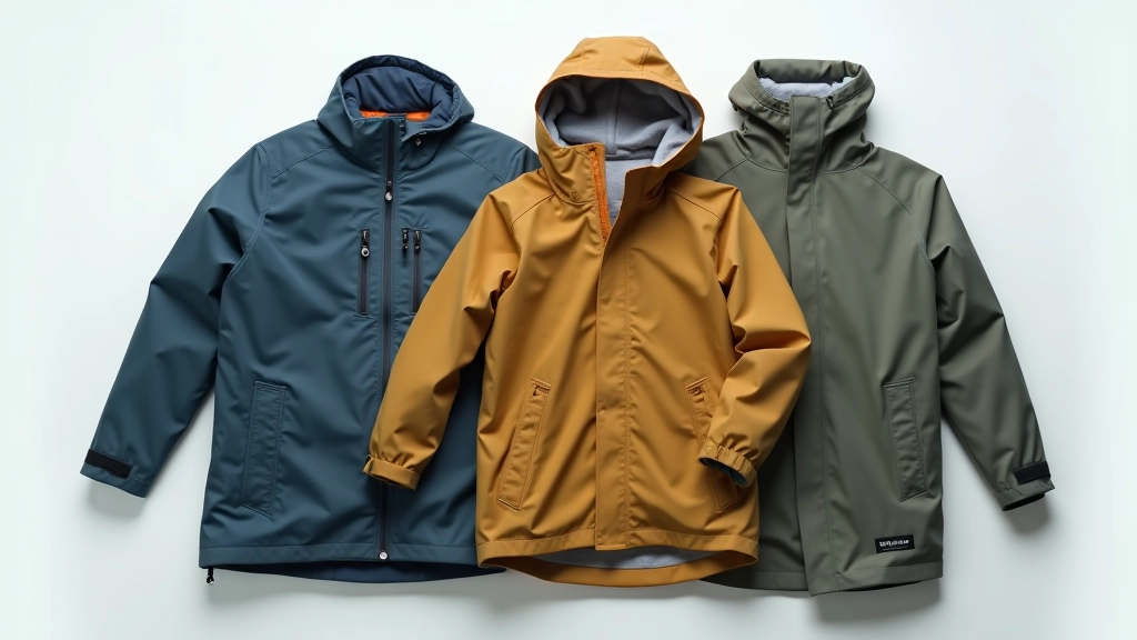 Laid-out outdoor clothing essentials including merino wool base layer, waterproof jacket, insulating mid-layer, and waterproof gaiters arranged on light background