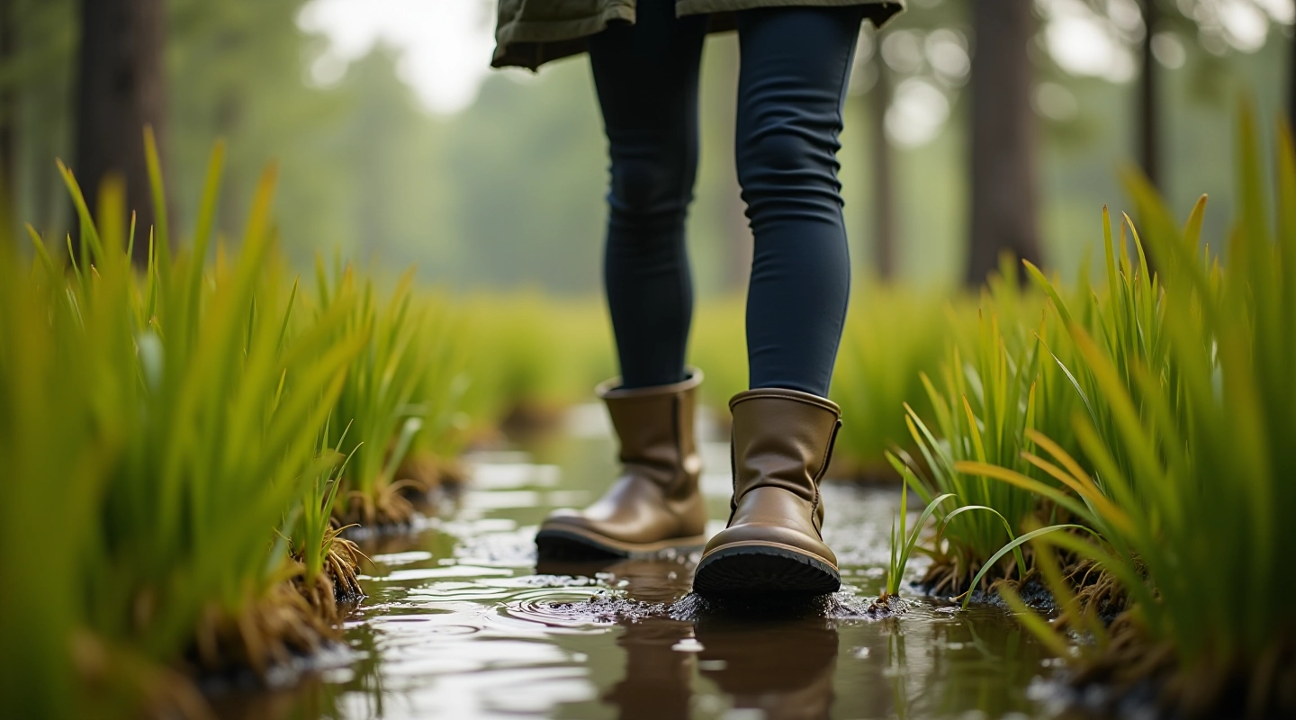 Bog shoe walker exploring veltrbell wetlands during guided swamp tour