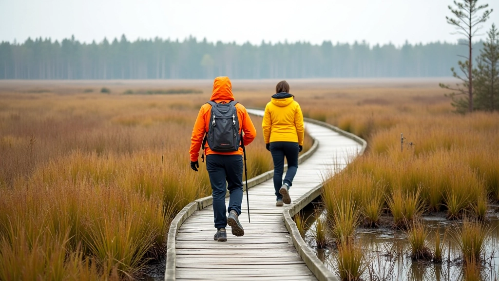 Two hikers carefully walking on wooden boardwalk through open bog landscape with proper safety gear and visible bright-colored jackets