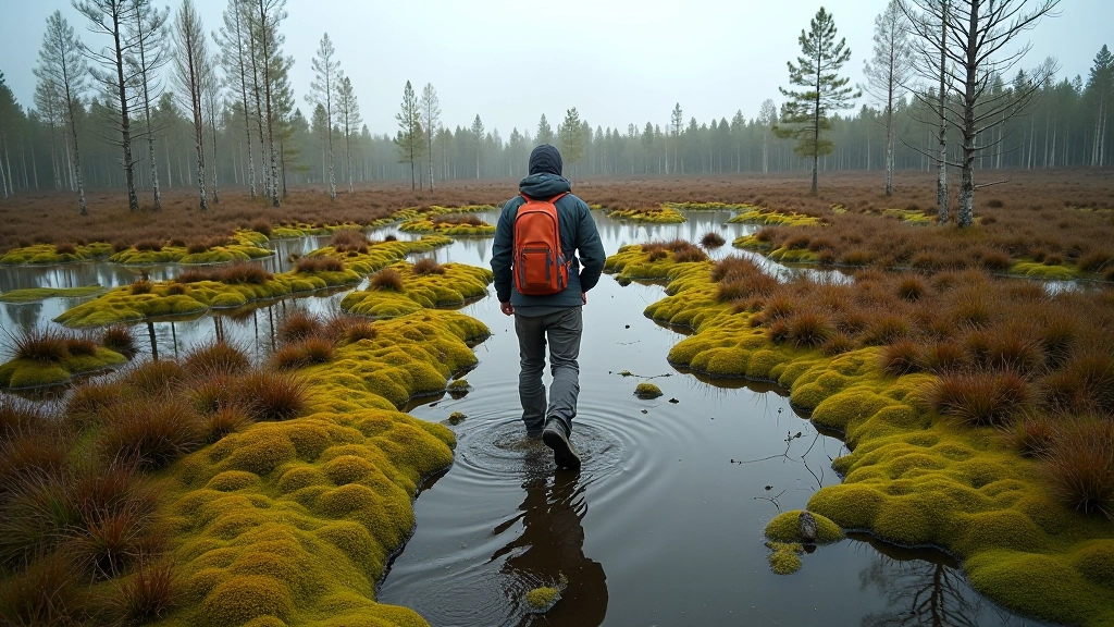 Bog shoe walking through veltrbell wetlands