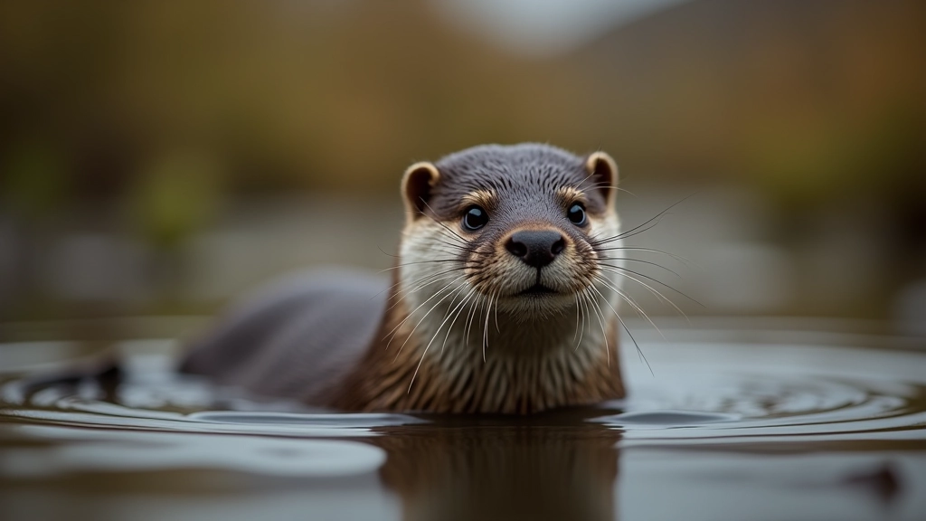 Otter swimming in bog water, fur visible, natural wetland habitat with reeds in background
