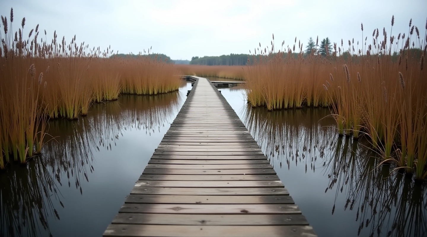 Wooden boardwalk pathway extending through wetland landscape with reeds and water on both sides